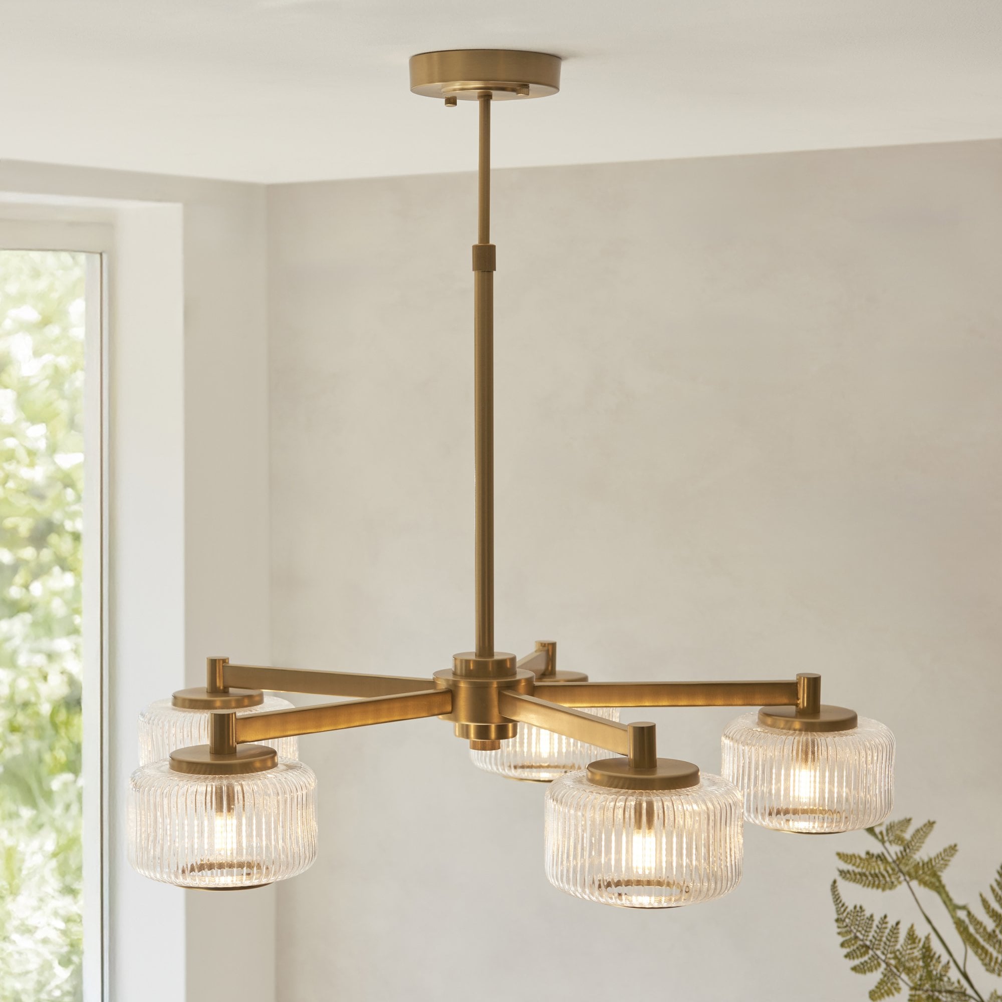 120635 Stamford 5 Light Pendant Brushed Aged Brass Plate & Clear Ribbed Glass