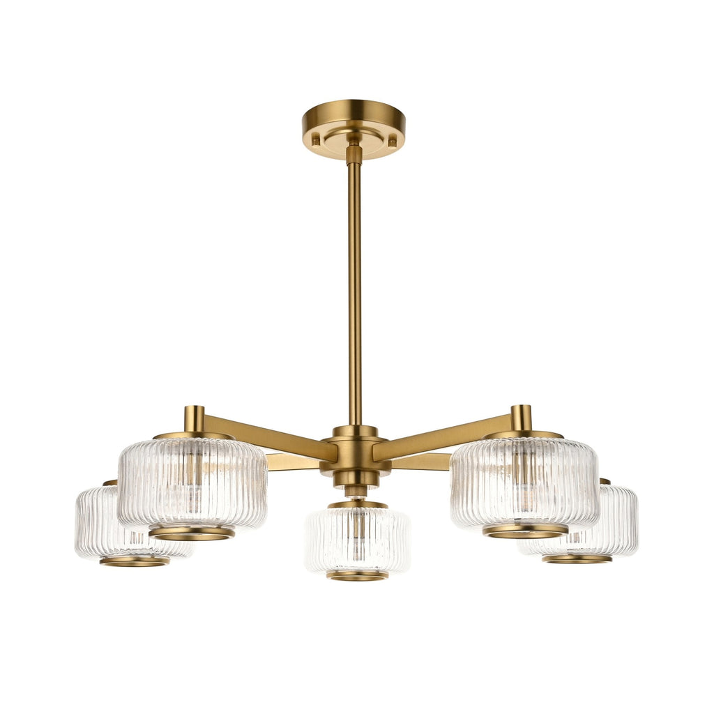 120635 Stamford 5 Light Pendant Brushed Aged Brass Plate & Clear Ribbed Glass