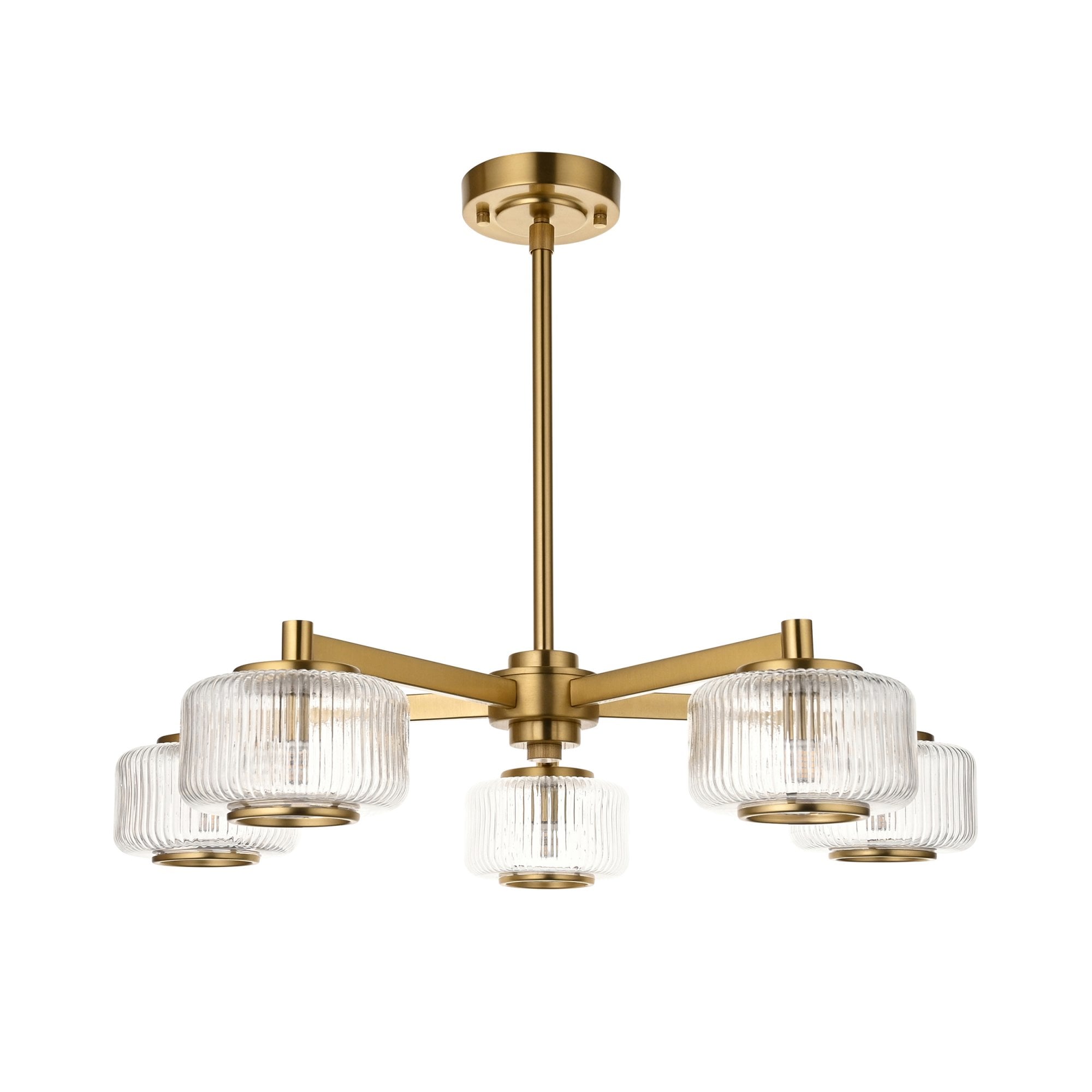 120635 Stamford 5 Light Pendant Brushed Aged Brass Plate & Clear Ribbed Glass
