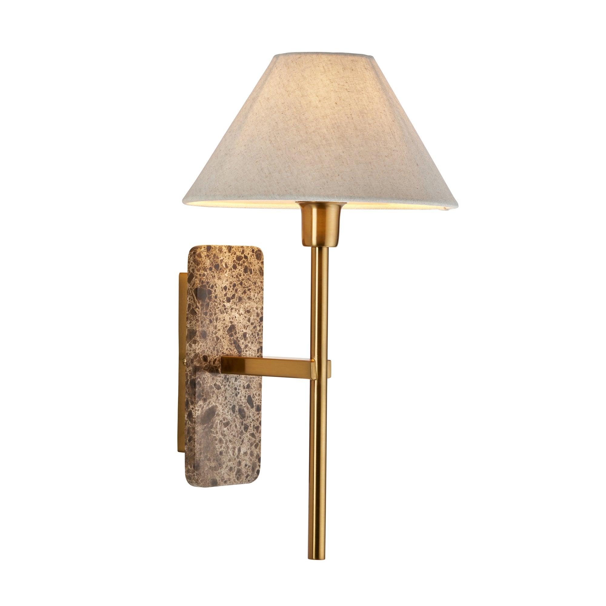 120636 Faro Wall Light Dark Brown Emperador Marble & Vintage Brass With Natural Linen