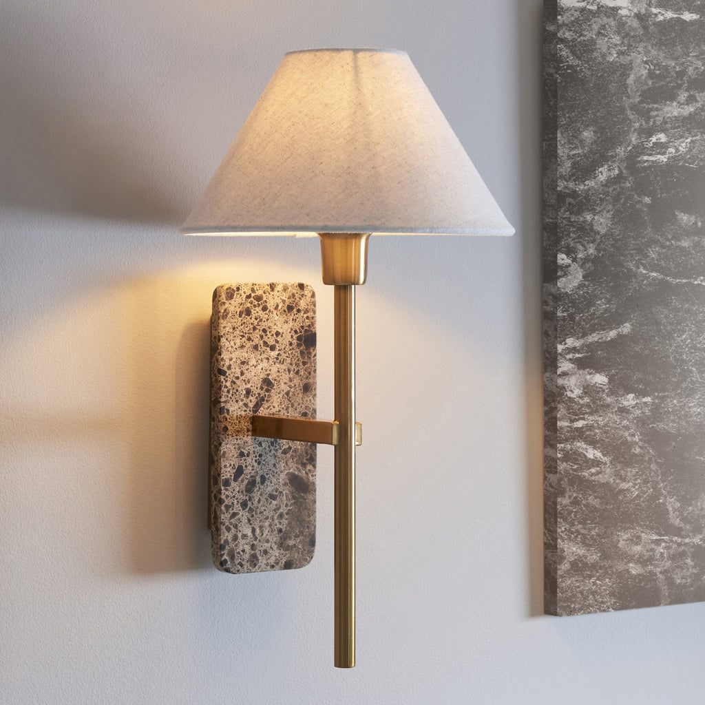 120636 Faro Wall Light Dark Brown Emperador Marble & Vintage Brass With Natural Linen