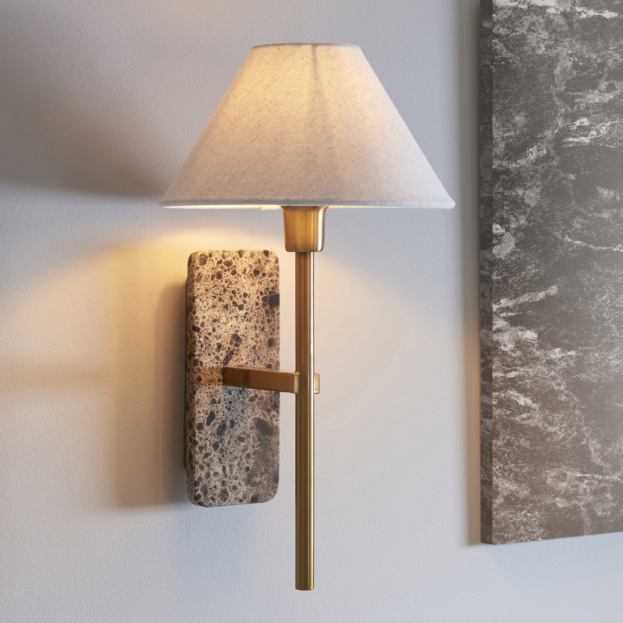 120636 Faro Wall Light Dark Brown Emperador Marble & Vintage Brass With Natural Linen
