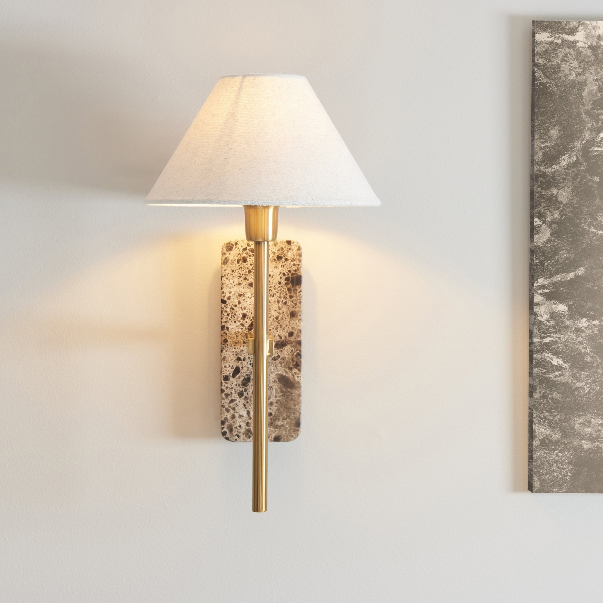 120636 Faro Wall Light Dark Brown Emperador Marble & Vintage Brass With Natural Linen