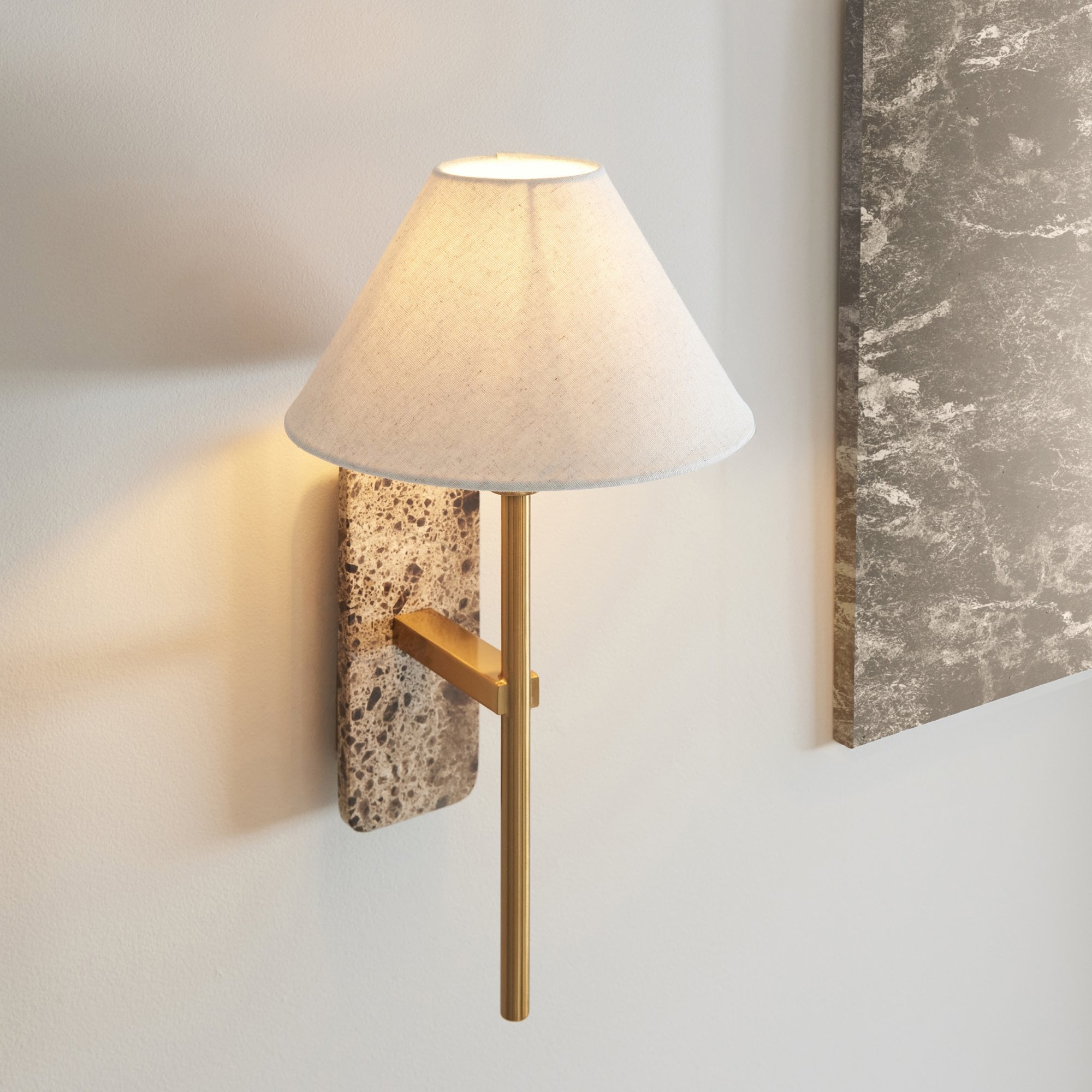 120636 Faro Wall Light Dark Brown Emperador Marble & Vintage Brass With Natural Linen