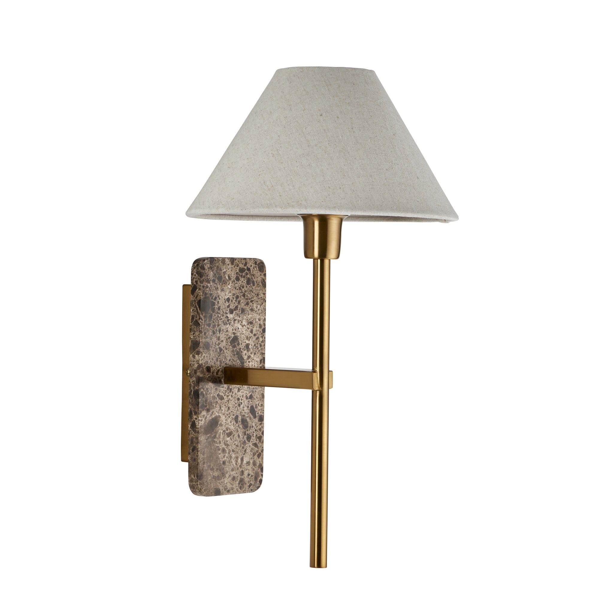 120636 Faro Wall Light Dark Brown Emperador Marble & Vintage Brass With Natural Linen