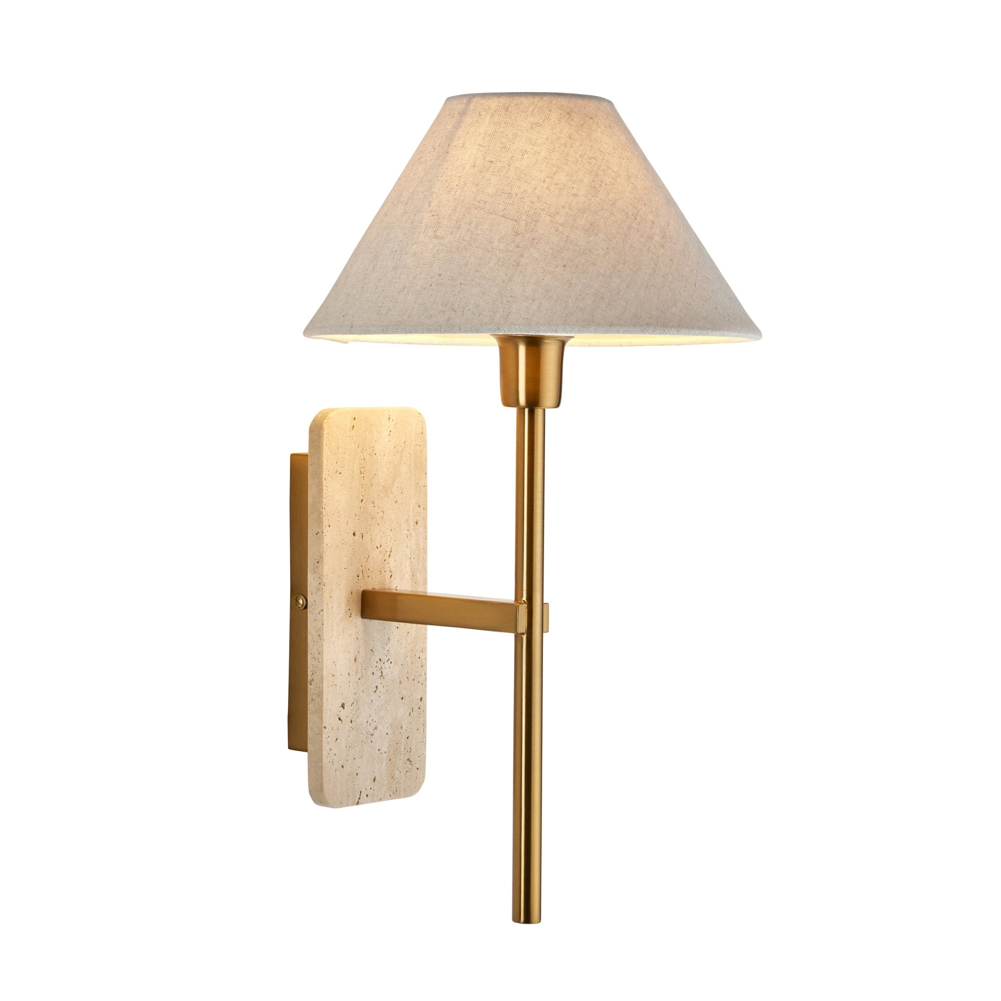 120637 Faro Wall Light Natural Travertine & Vintage Brass With Natural Linen