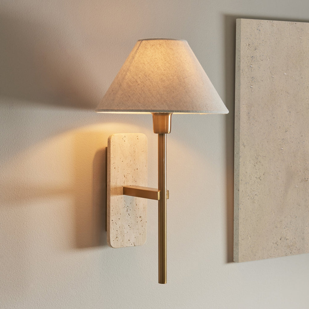 120637 Faro Wall Light Natural Travertine & Vintage Brass With Natural Linen