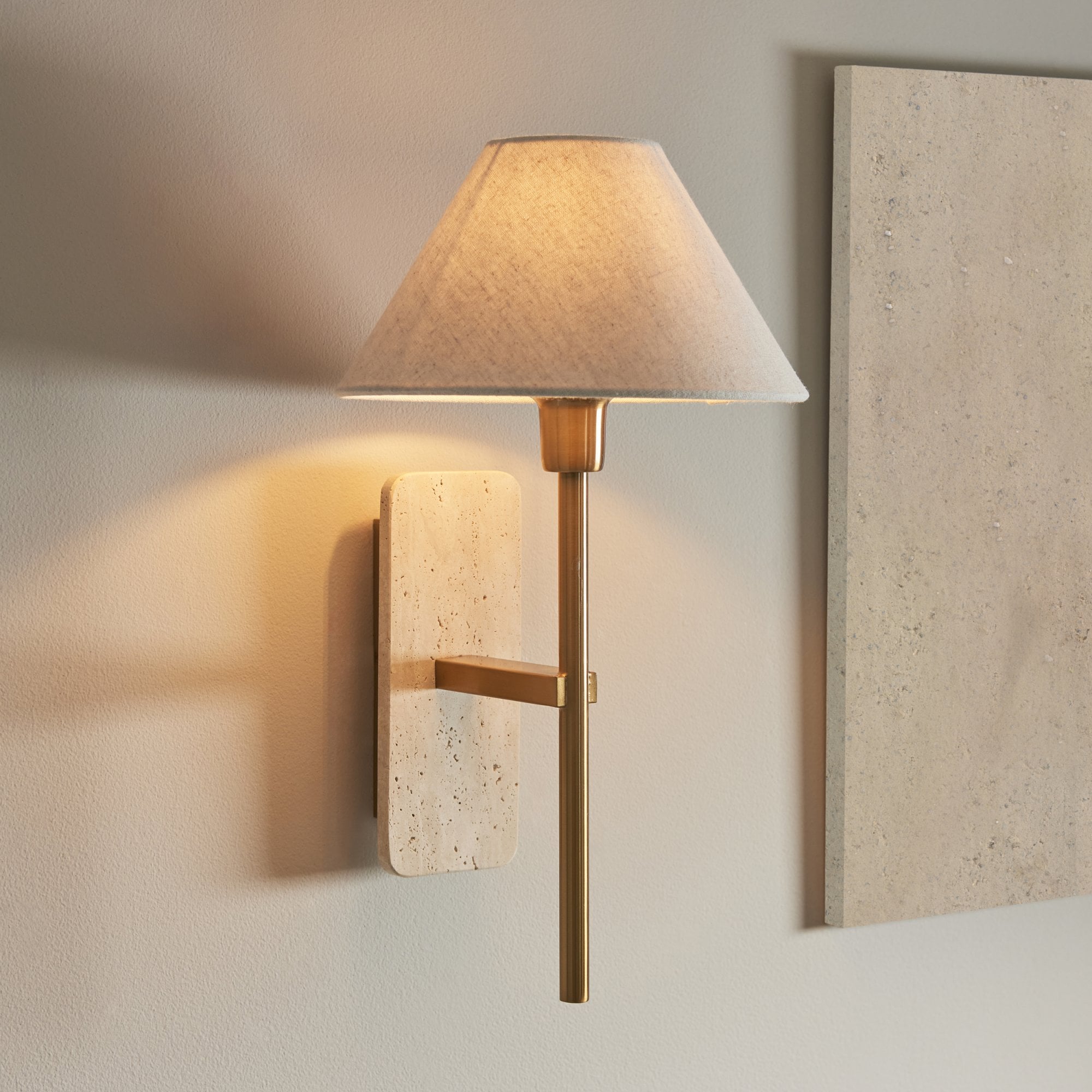 120637 Faro Wall Light Natural Travertine & Vintage Brass With Natural Linen
