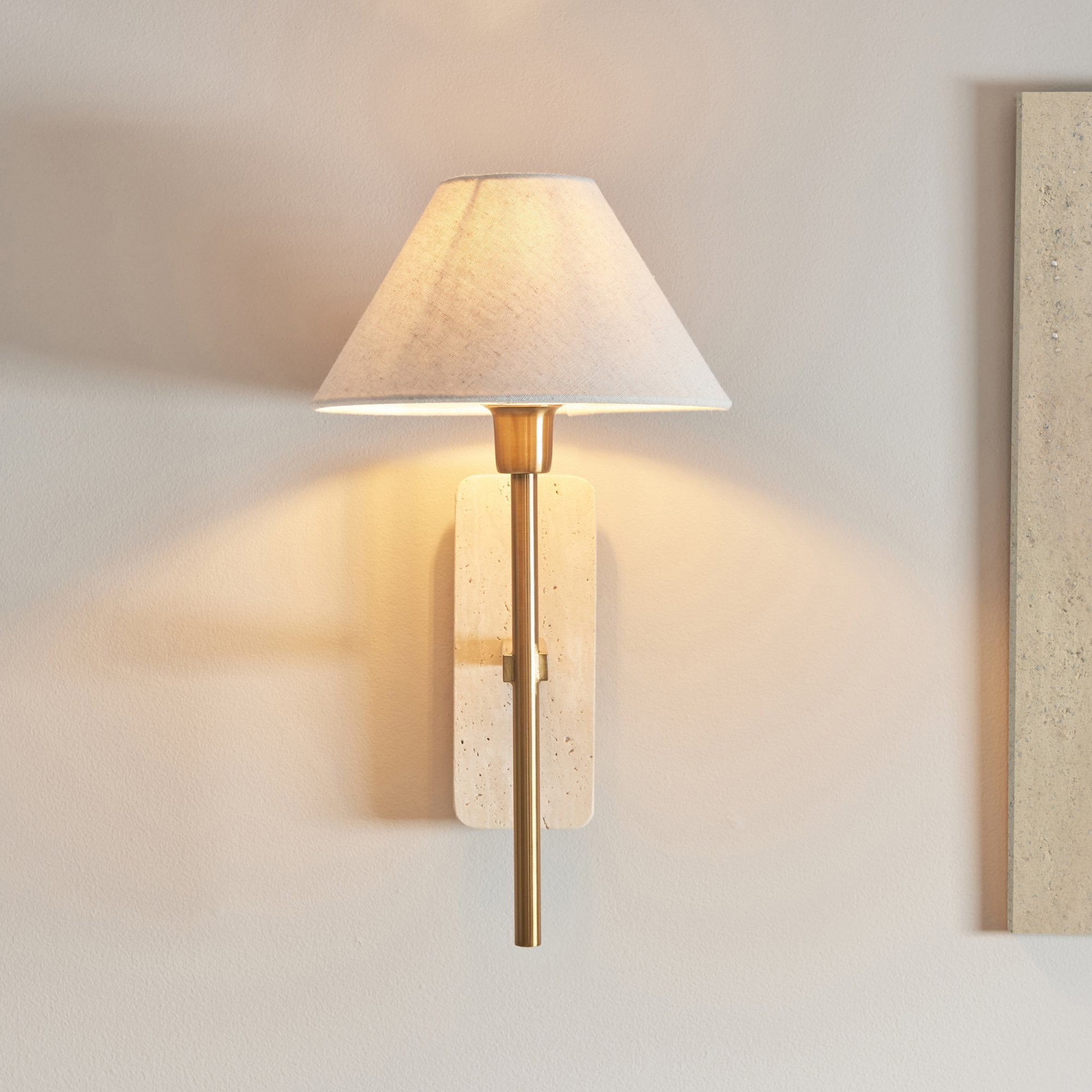 120637 Faro Wall Light Natural Travertine & Vintage Brass With Natural Linen