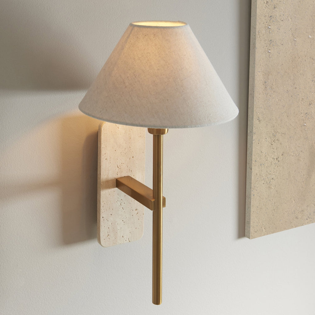 120637 Faro Wall Light Natural Travertine & Vintage Brass With Natural Linen