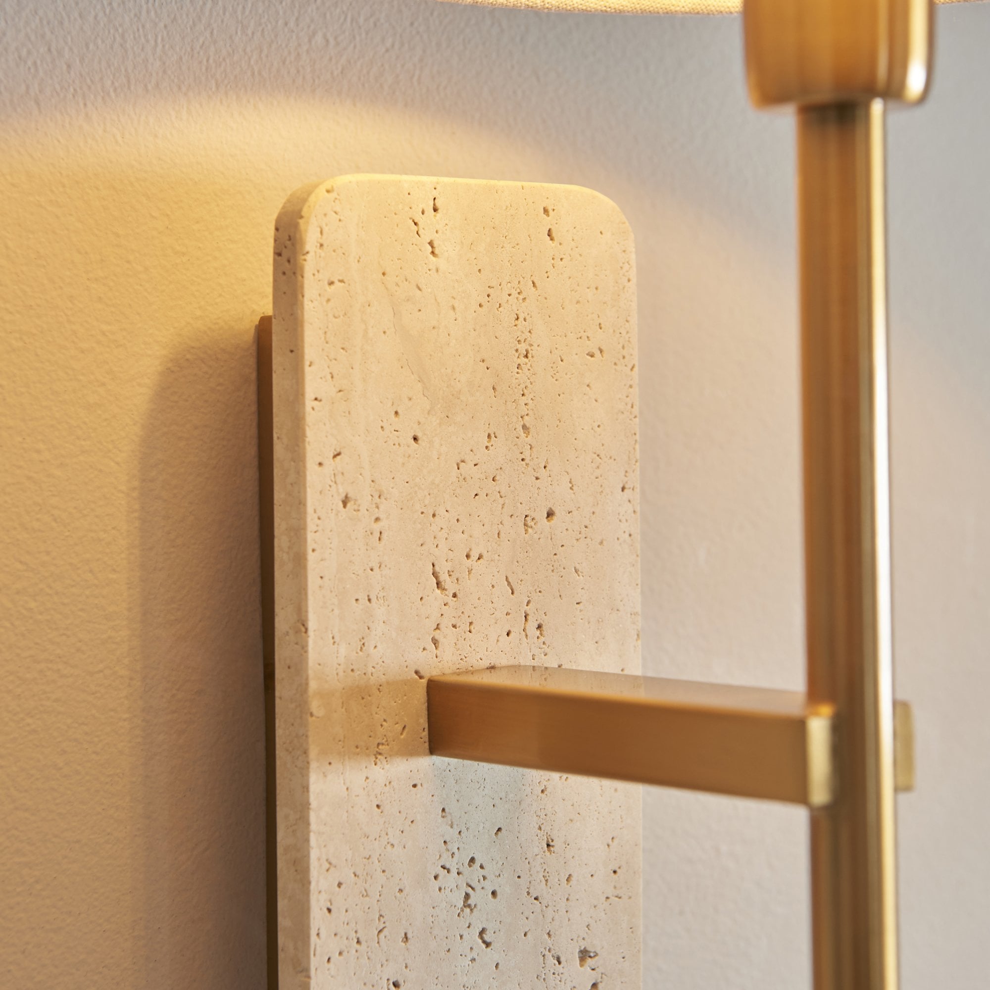 120637 Faro Wall Light Natural Travertine & Vintage Brass With Natural Linen