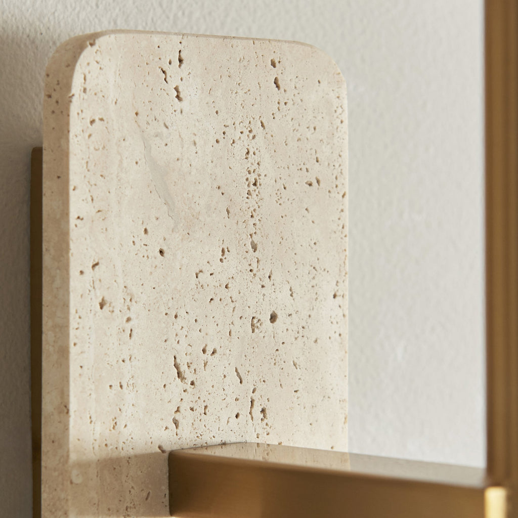 120637 Faro Wall Light Natural Travertine & Vintage Brass With Natural Linen