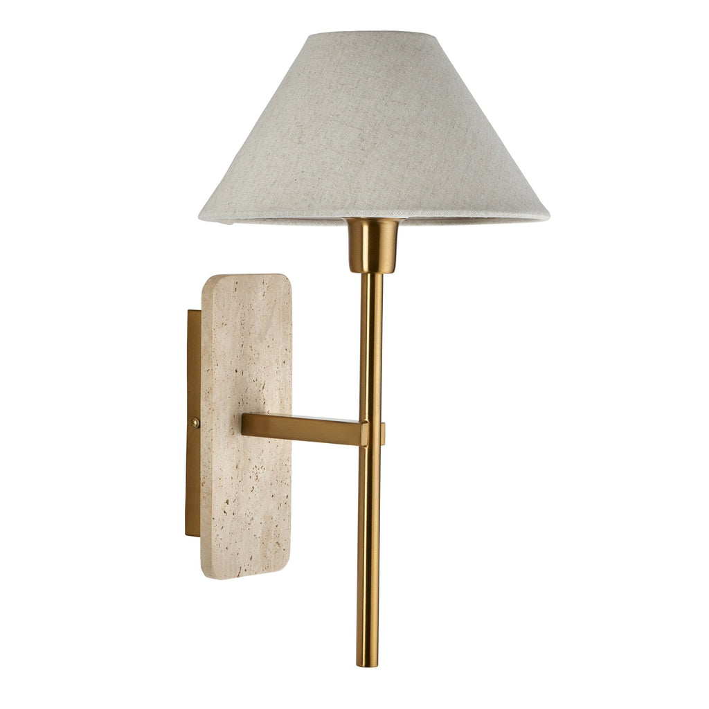 120637 Faro Wall Light Natural Travertine & Vintage Brass With Natural Linen