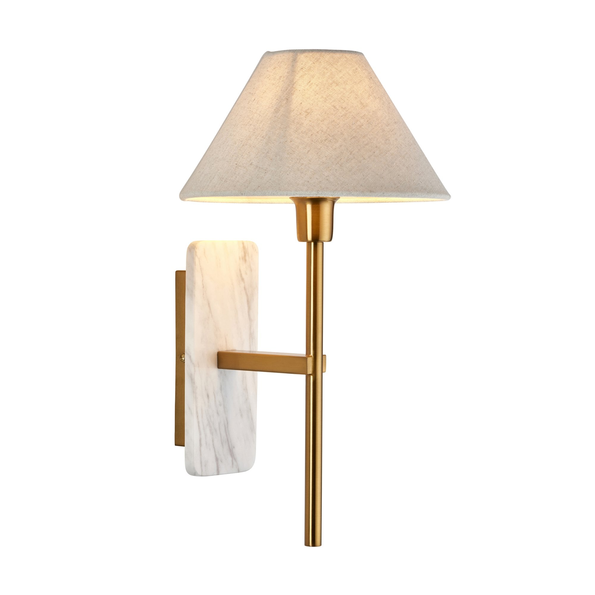 120638 Faro Wall Light White Volakas Marble & Vintage Brass With Natural Linen