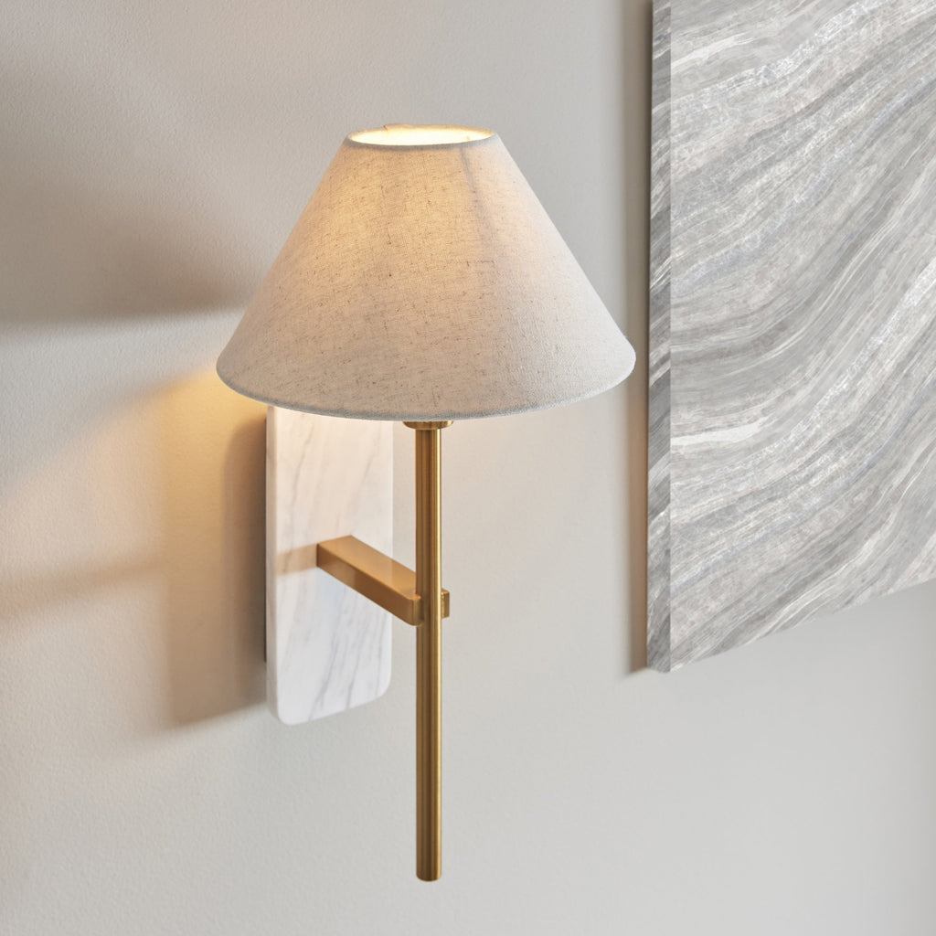 120638 Faro Wall Light White Volakas Marble & Vintage Brass With Natural Linen