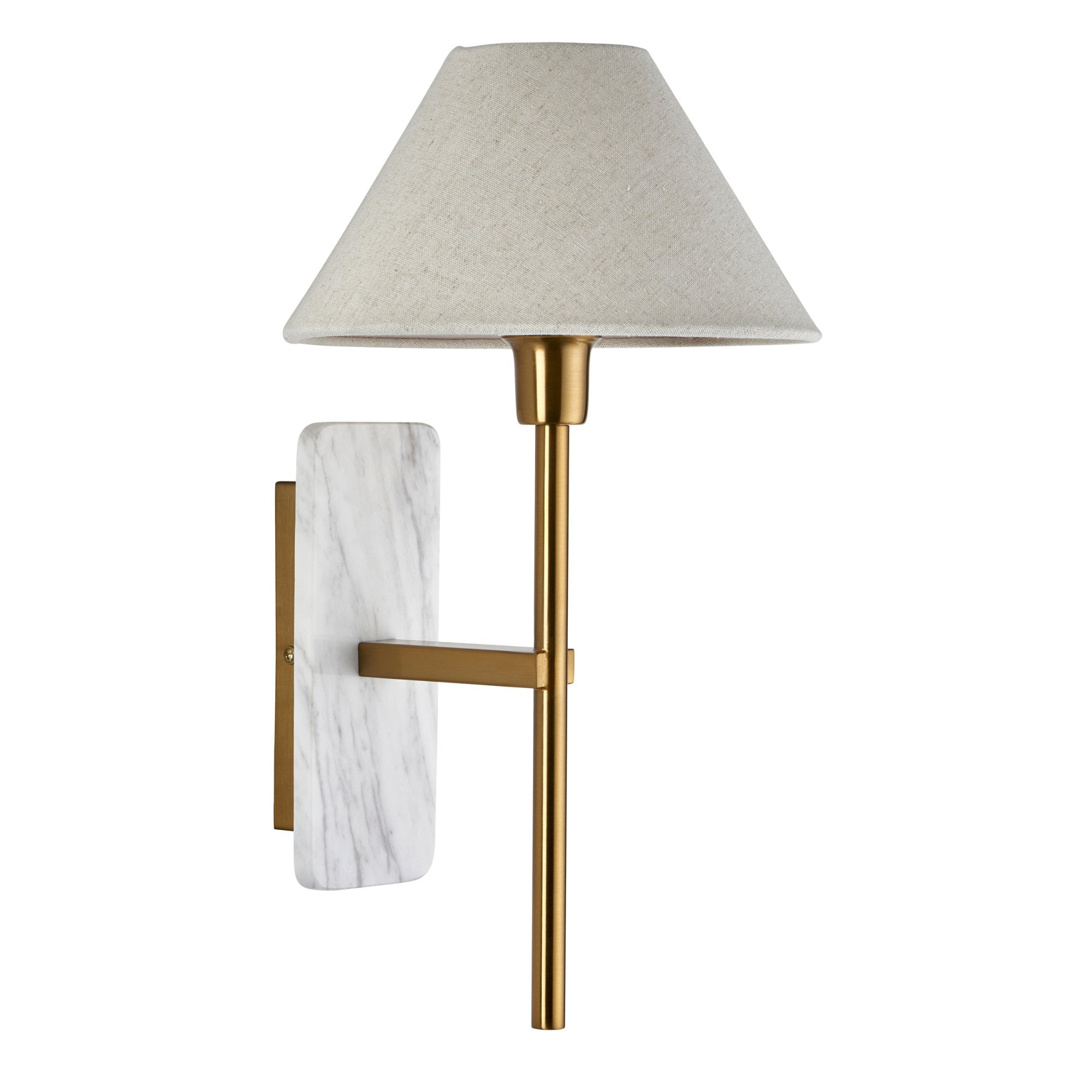 120638 Faro Wall Light White Volakas Marble & Vintage Brass With Natural Linen