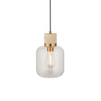 120658 Travi Pendant Natural Travertine, Vintage Brass & Clear Glass