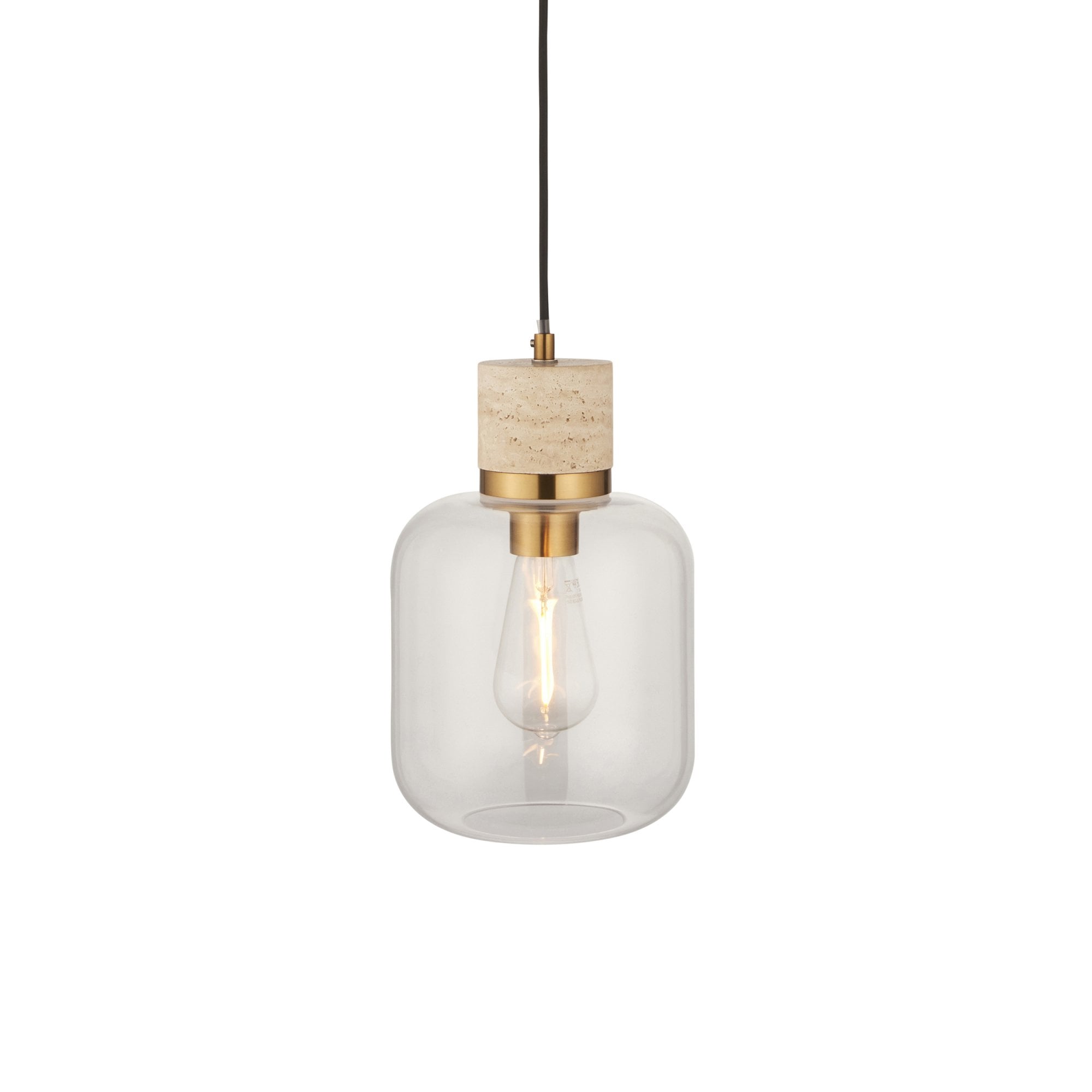 120658 Travi Pendant Natural Travertine, Vintage Brass & Clear Glass