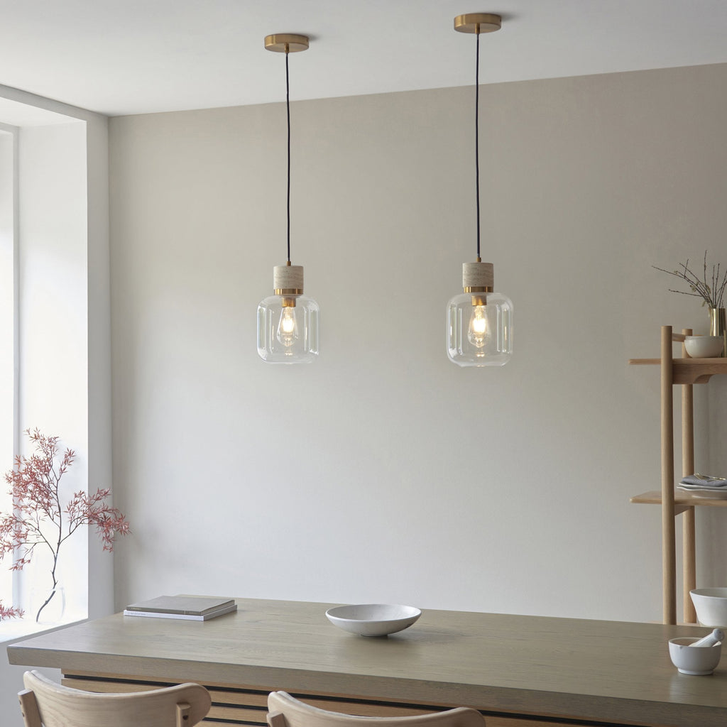 120658 Travi Pendant Natural Travertine, Vintage Brass & Clear Glass