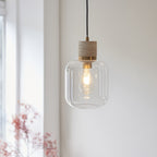 120658 Travi Pendant Natural Travertine, Vintage Brass & Clear Glass