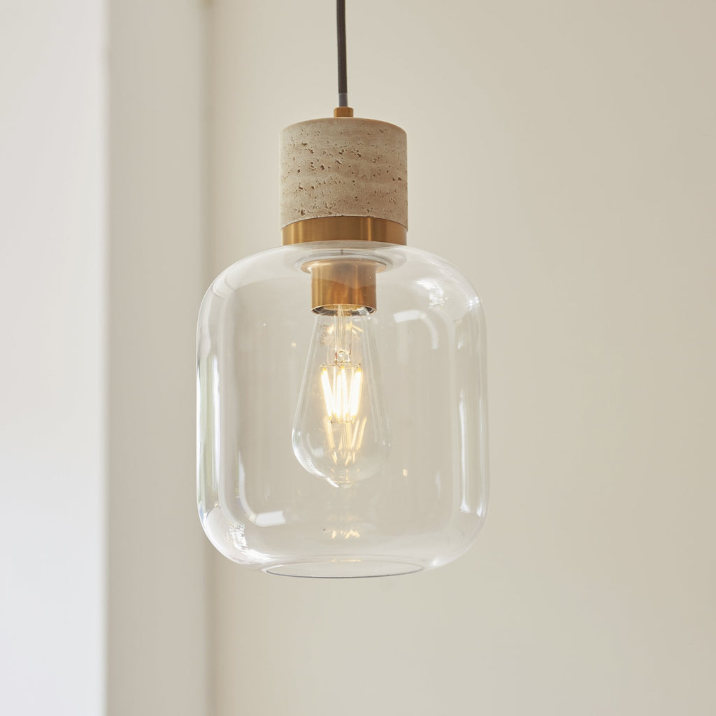 120658 Travi Pendant Natural Travertine, Vintage Brass & Clear Glass