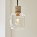 120658 Travi Pendant Natural Travertine, Vintage Brass & Clear Glass