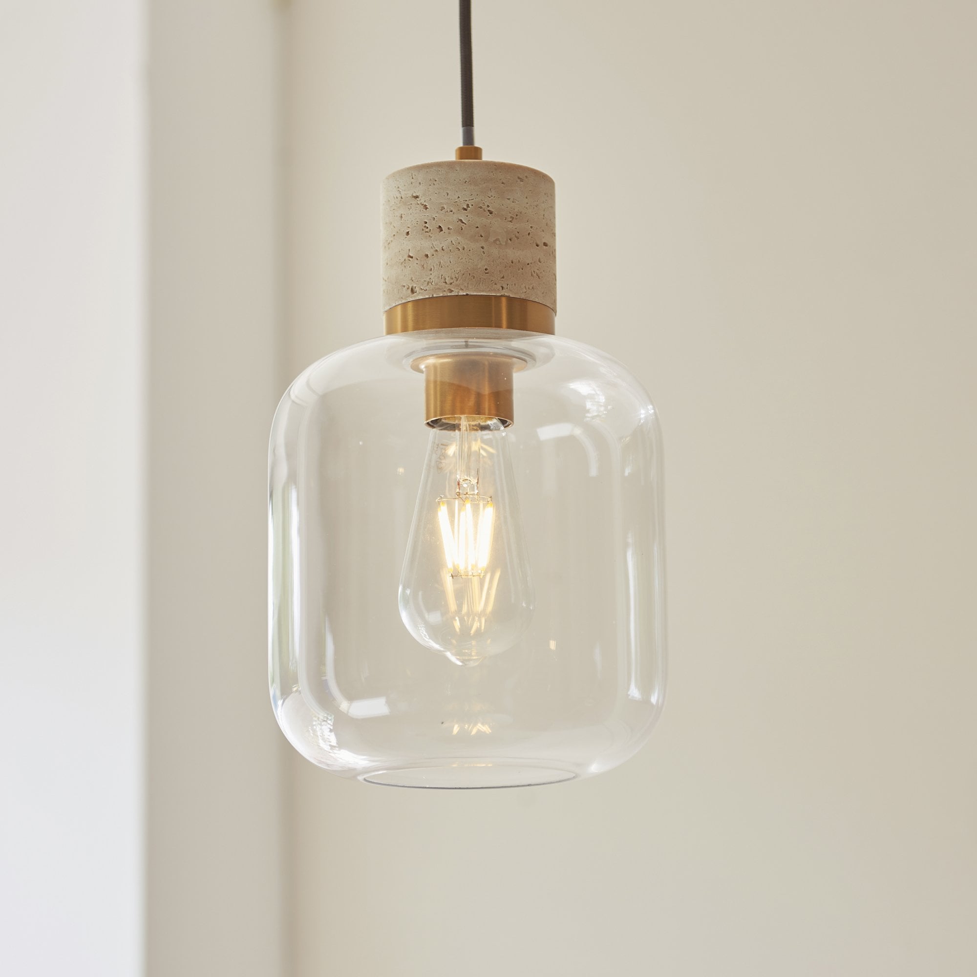 120658 Travi Pendant Natural Travertine, Vintage Brass & Clear Glass