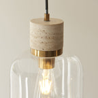 120658 Travi Pendant Natural Travertine, Vintage Brass & Clear Glass