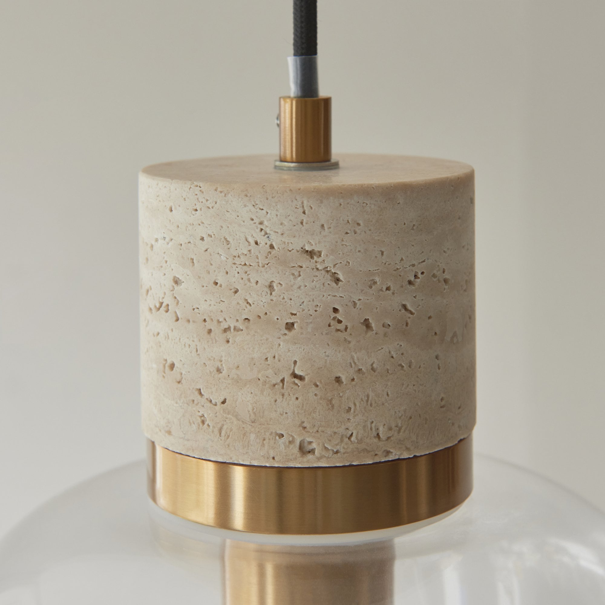120658 Travi Pendant Natural Travertine, Vintage Brass & Clear Glass