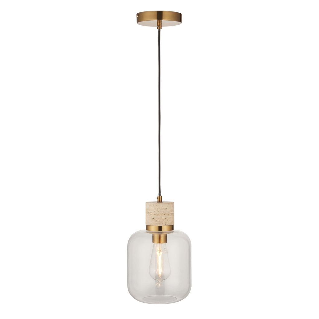 120658 Travi Pendant Natural Travertine, Vintage Brass & Clear Glass