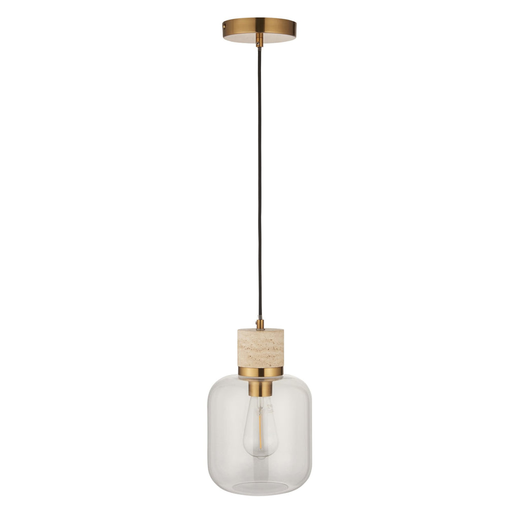 120658 Travi Pendant Natural Travertine, Vintage Brass & Clear Glass