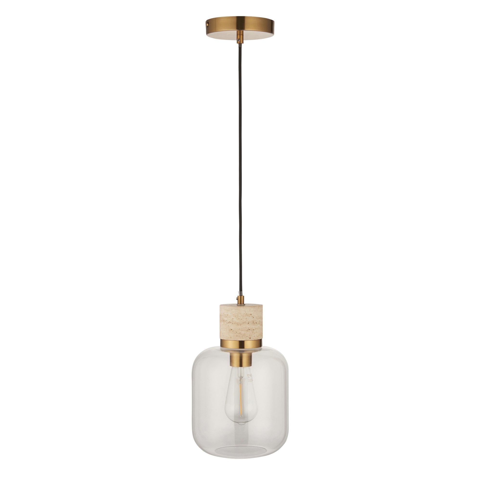 120658 Travi Pendant Natural Travertine, Vintage Brass & Clear Glass