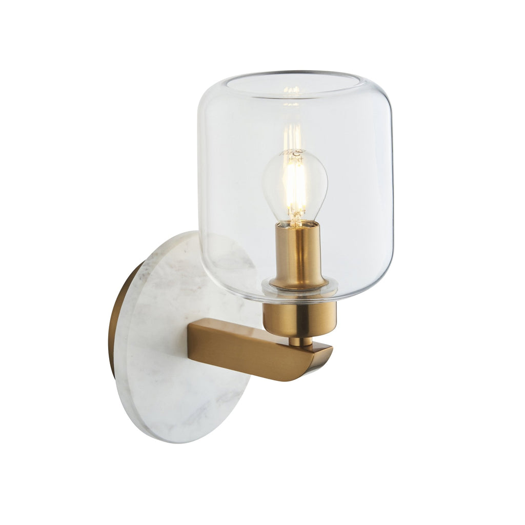 120660 Travi Wall Light White Volakas Marble, Vintage Brass & Clear Glass