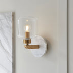 120660 Travi Wall Light White Volakas Marble, Vintage Brass & Clear Glass