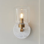 120660 Travi Wall Light White Volakas Marble, Vintage Brass & Clear Glass