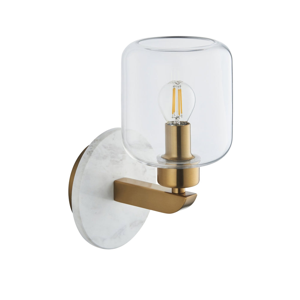 120660 Travi Wall Light White Volakas Marble, Vintage Brass & Clear Glass