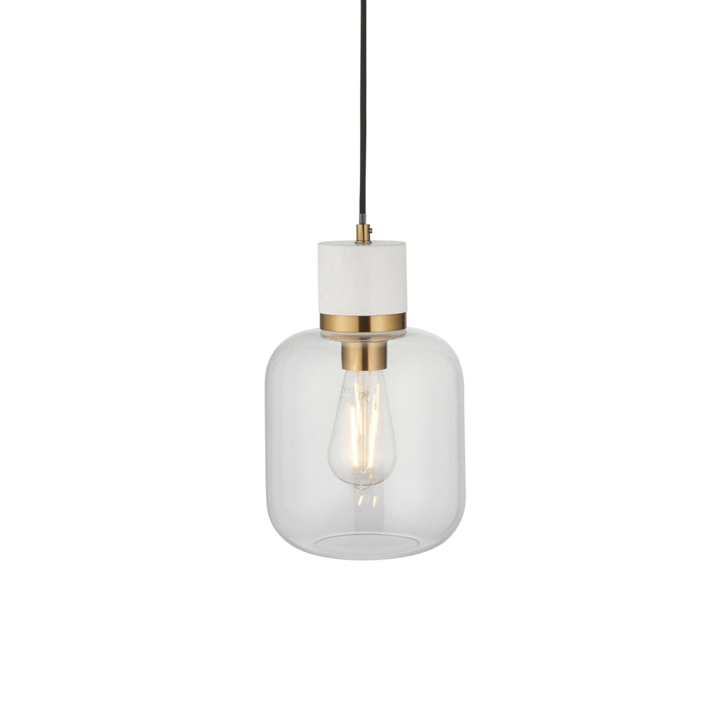 120661 Travi Pendant White Volakas Marble, Vintage Brass & Clear Glass