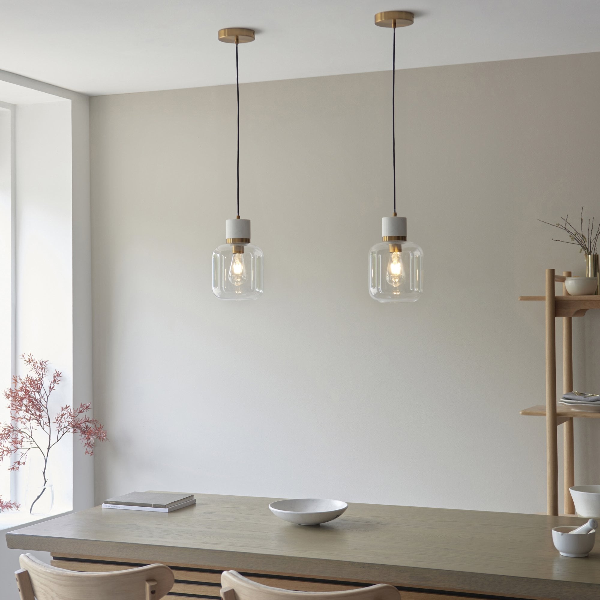 120661 Travi Pendant White Volakas Marble, Vintage Brass & Clear Glass
