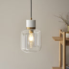 120661 Travi Pendant White Volakas Marble, Vintage Brass & Clear Glass