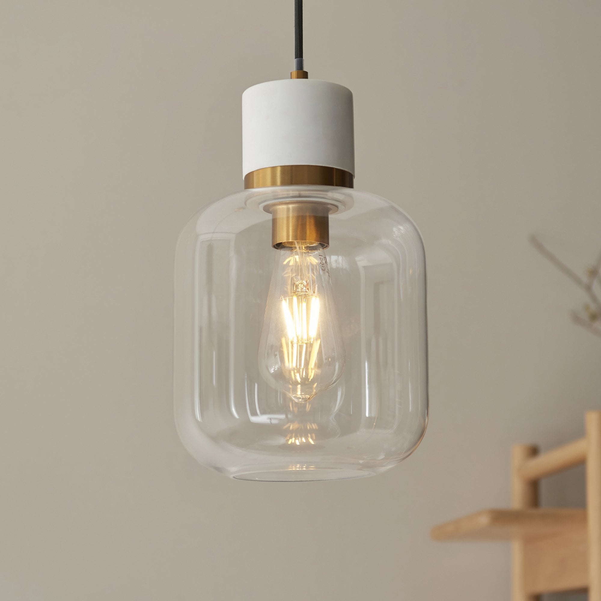 120661 Travi Pendant White Volakas Marble, Vintage Brass & Clear Glass