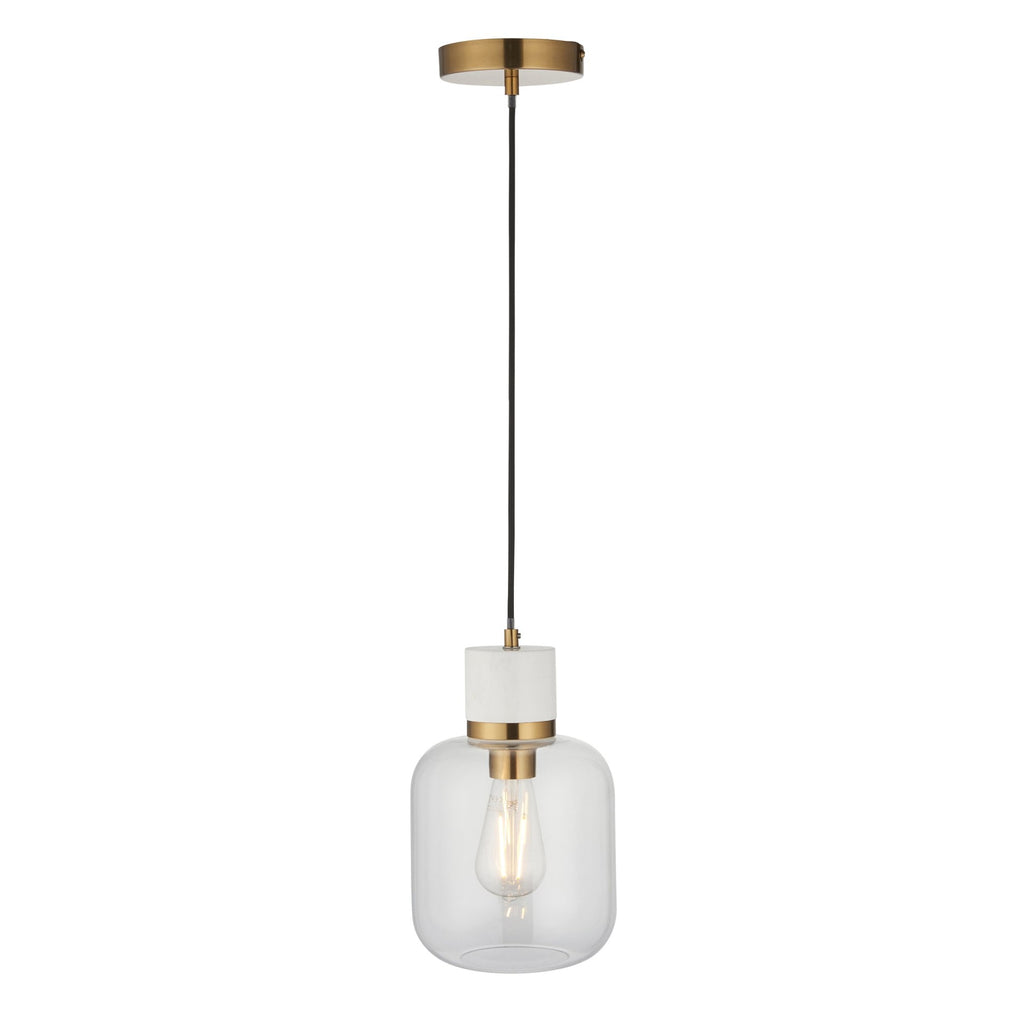 120661 Travi Pendant White Volakas Marble, Vintage Brass & Clear Glass