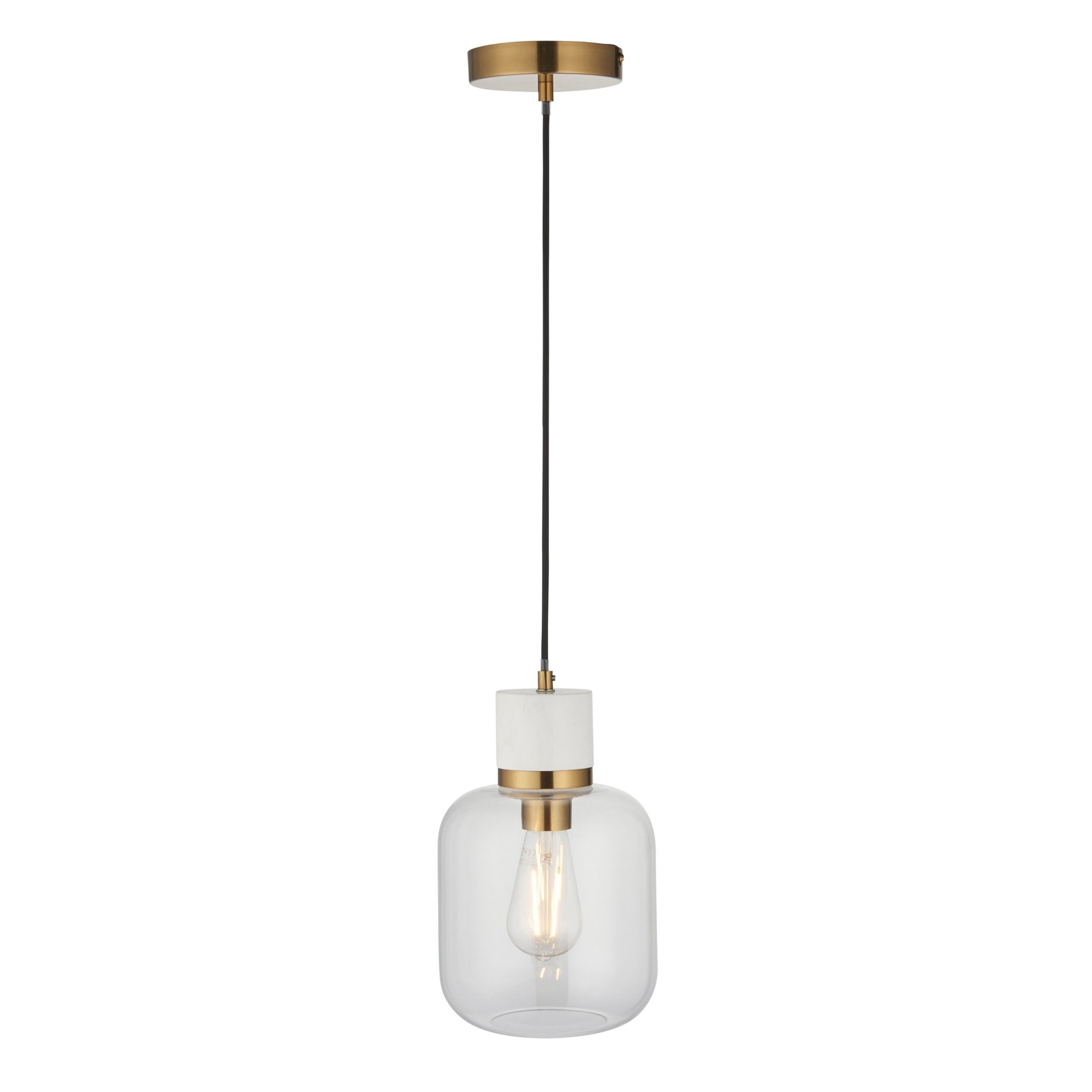120661 Travi Pendant White Volakas Marble, Vintage Brass & Clear Glass