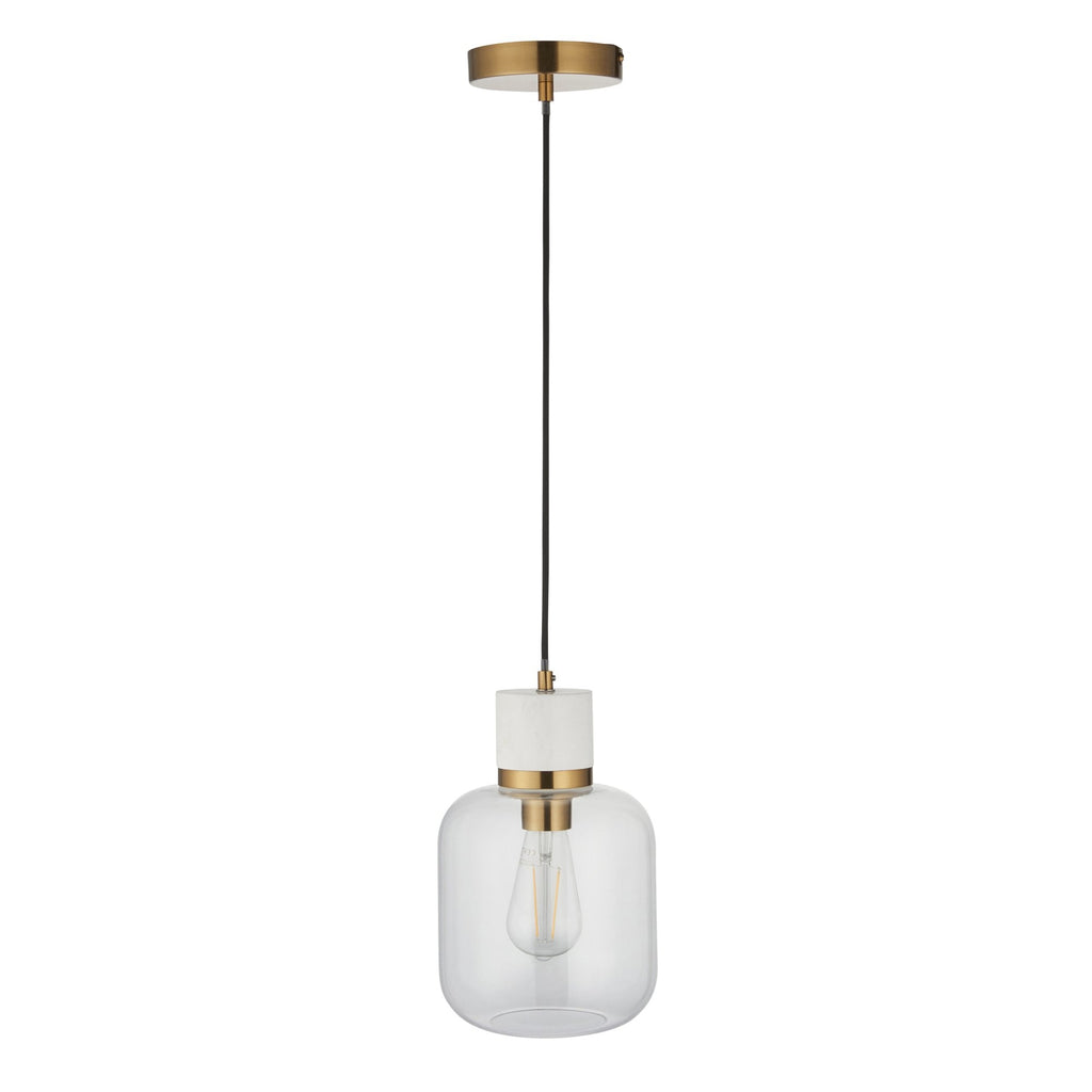120661 Travi Pendant White Volakas Marble, Vintage Brass & Clear Glass