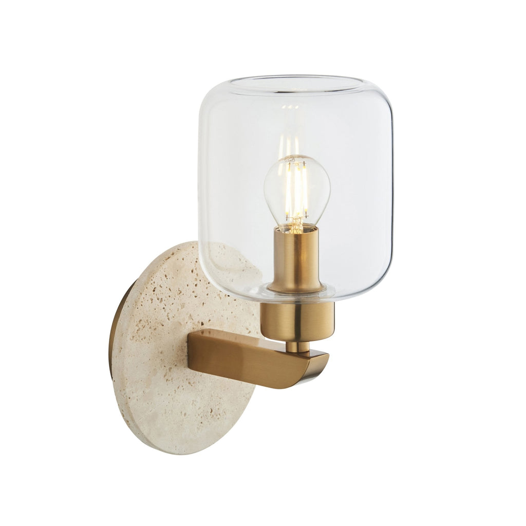 120662 Travi Wall Light Natural Travertine, Vintage Brass & Clear Glass