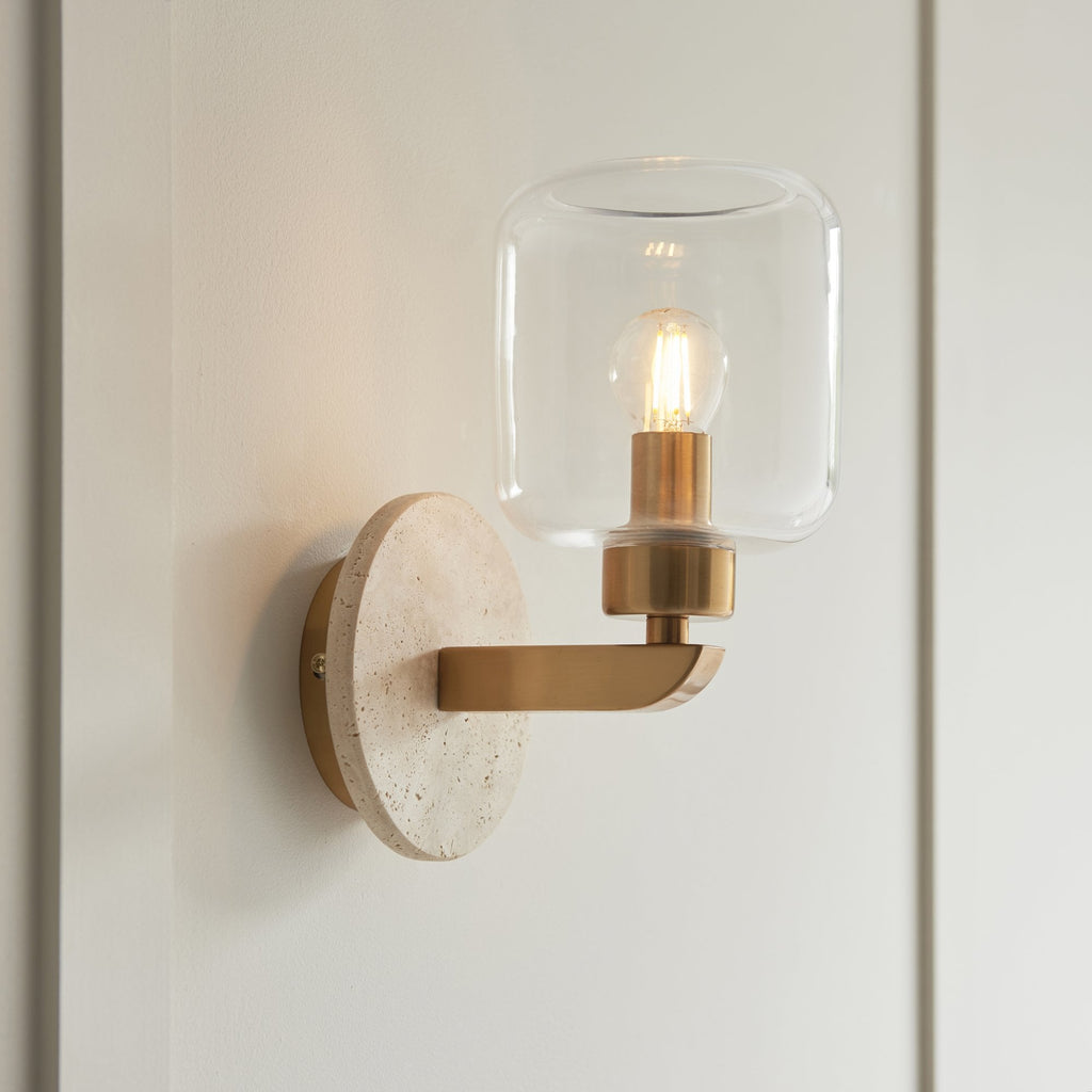 120662 Travi Wall Light Natural Travertine, Vintage Brass & Clear Glass