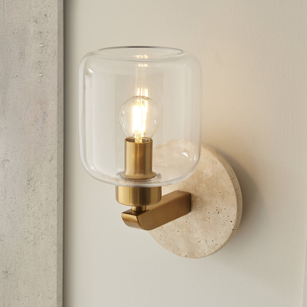 120662 Travi Wall Light Natural Travertine, Vintage Brass & Clear Glass