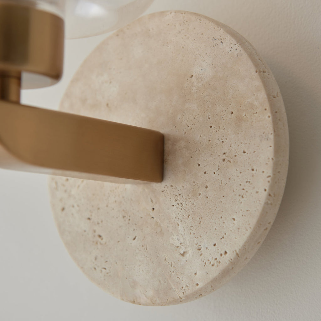 120662 Travi Wall Light Natural Travertine, Vintage Brass & Clear Glass