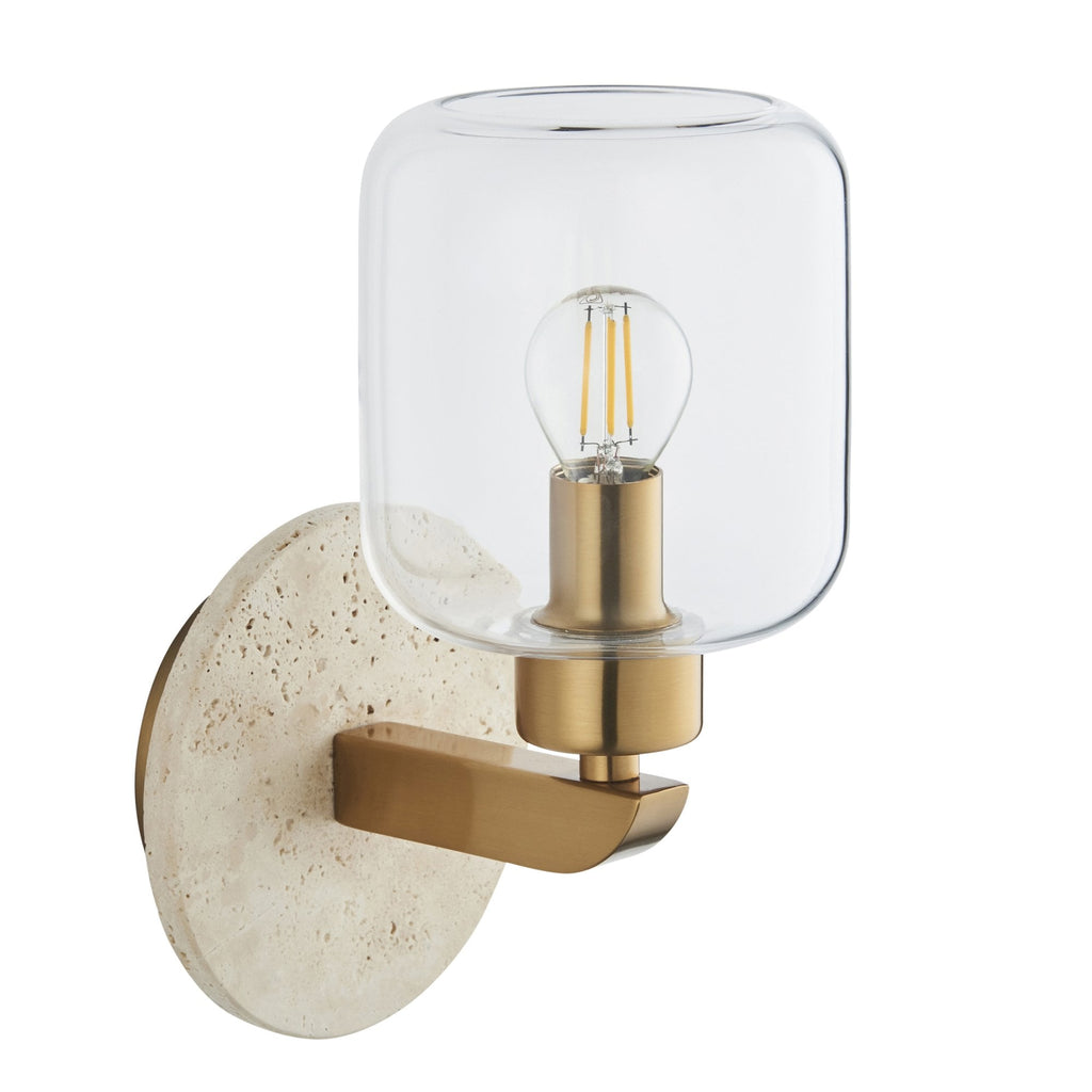 120662 Travi Wall Light Natural Travertine, Vintage Brass & Clear Glass
