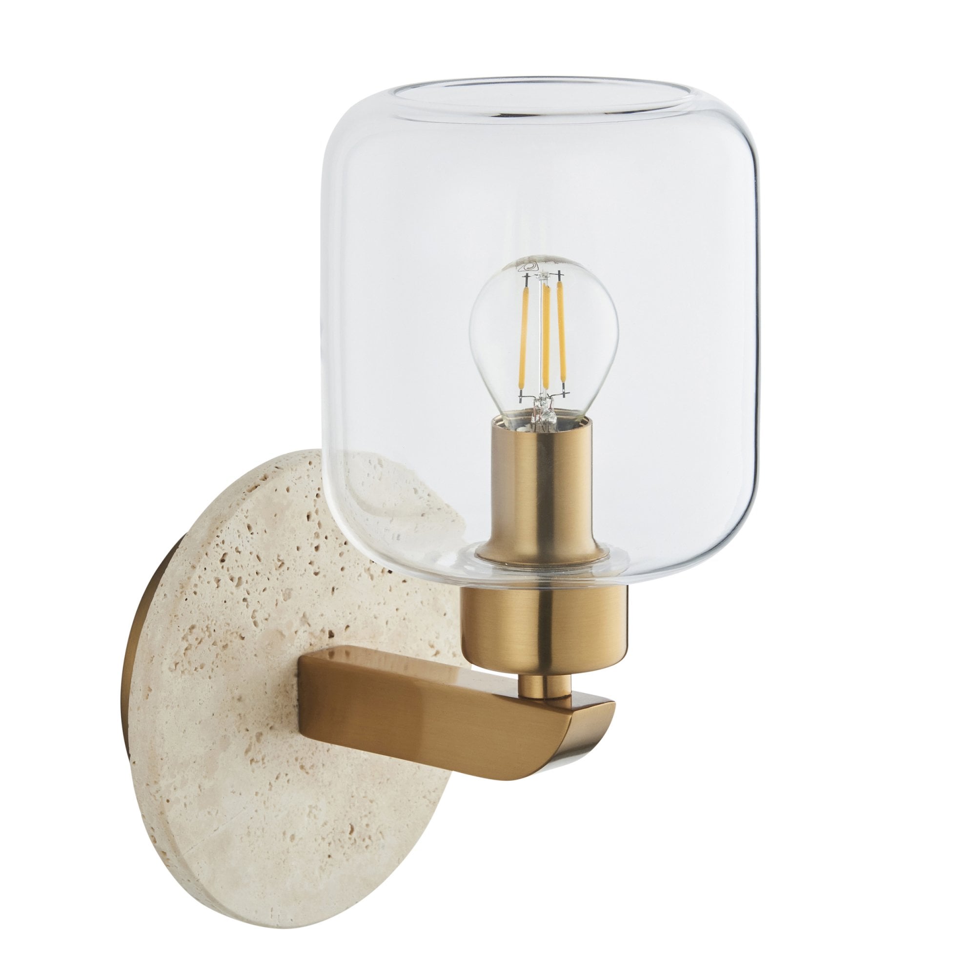 120662 Travi Wall Light Natural Travertine, Vintage Brass & Clear Glass