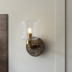 120663 Travi Wall Light Dark Brown Emperador Marble, Vintage Brass & Clear Glass